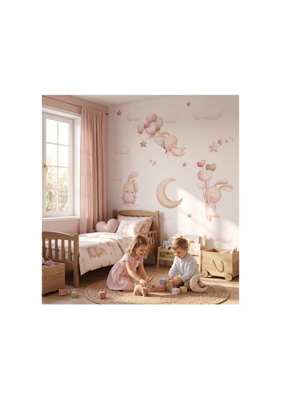 Pembe Bulutlar Bunny Çocuk Odası Poster Duvar Kağıdı Çok Renkli