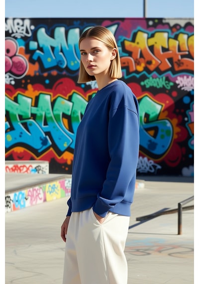 Benerly Kadın Bisiklet Yaka Düşük Kol Regular Kalıp Örme Sweatshirt Fonks Indigo