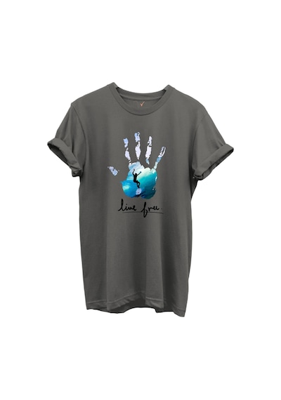 Live Free Yazılı Sörfçü Ve El Baskılı %100 Pamuk Regular Fit Unisex T-shirt Gri