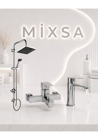 Krom Robot Duş Seti Kare Banyo Bataryası Sabit Lavabo Bataryası 3'lü Set Lüx Tasarım Premium Set