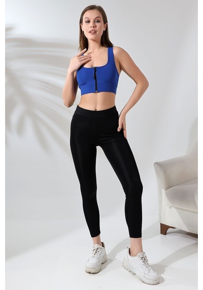 EMFURE Saks Fermuarlı Spor Büstiyer - Sports Bra / Crop Destekli Spor Sütyeni Saks