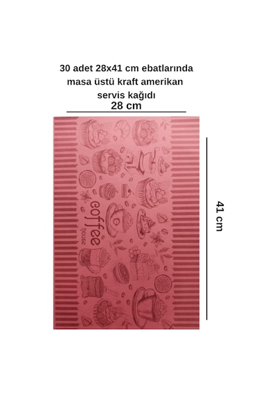30 Adet 28x41 Cm Ebatlarında Masa Üstü Kraft Amerikan Servis Kağıdı Pasta Desen Pembe