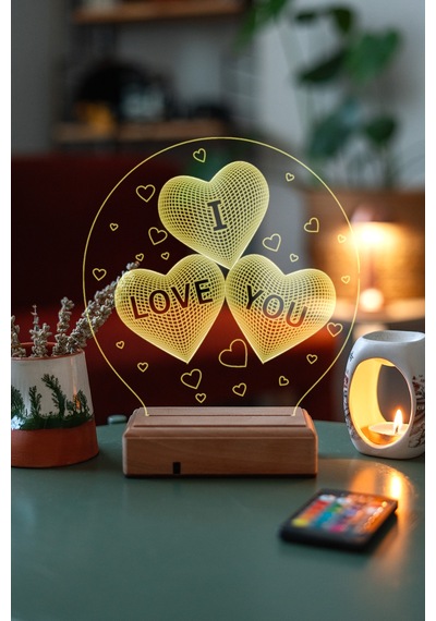 Sevgiliye 3 Kalp I Love You 16 Renk Kumandalı 3d Gece Lambası Çok Renkli