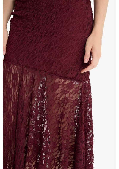 Defacto Bodycon Vücudu Saran Askılı Dantel Midi Elbise F7886ax25aubr204 Bordo