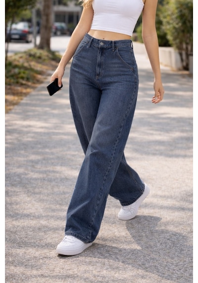 Cedy Denim Cedy Denım Yüksek Kalite Kadın Yüksek Bel Baggy Skater Jean Koyu Mavi