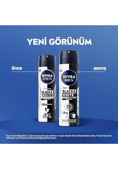 Nıvea Men Erkek Sprey Deodorant Black&amp White Invisible Original 150 Ml,72 Saat Anti-perspirant Terleme Ve Ter Kokusun