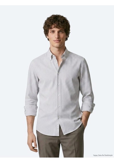 Kip Gri Çizgili Regular Fit Uzun Dokuma Casual Pamuk Karışımlı Gömlek gri grey