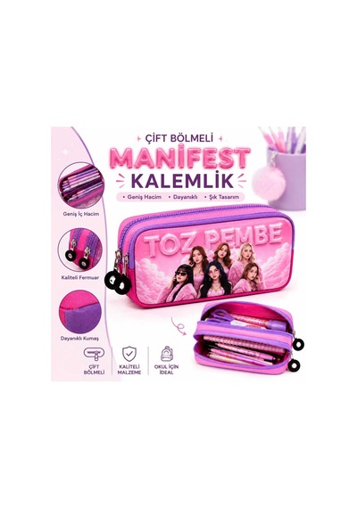 Manifest Figürlü Çift Bölmeli Kalem Kutusu Okul Kalemliği Pembe Pembe