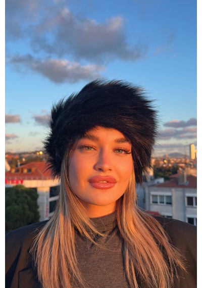 Mollycrush Luxury Rus Slav Tarzı Suni Kürklü Uzun Tüylü Peluş Kadın Siyah Kalpak Şapka Siyah
