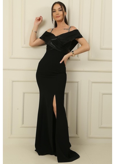 By Saygı İnce Boncuk Askılı Yakası Saten Çapraz Astarlı Yırtmaçlı Krep Uzun Elbise-36139-siyah By Saygı İnce Boncuk Askılı Yakası Saten Çapraz Astarlı Yırtmaçlı Krep Uzun Elbise-36139-siyah