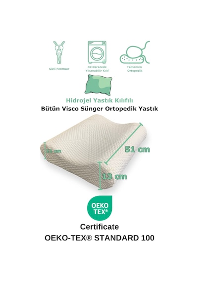 Rudu Hidrojel Hydrogel Kılıf, Bütün Visco Visko Medical Yastık 51x41x13-11cm 1350 Gr Omuz/boyun Destekli Beyaz - Yeşil