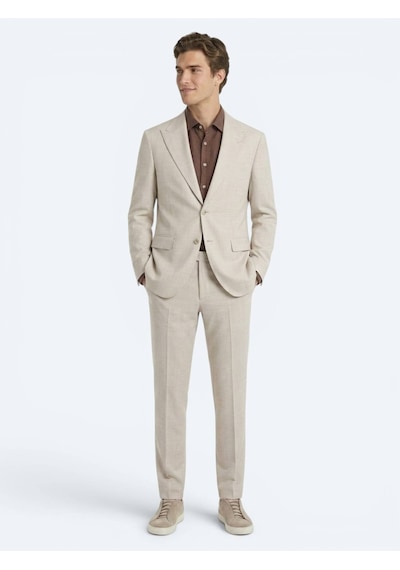 Kip Bej Desenli Modern Fit Yün Karışımlı Takım Elbise