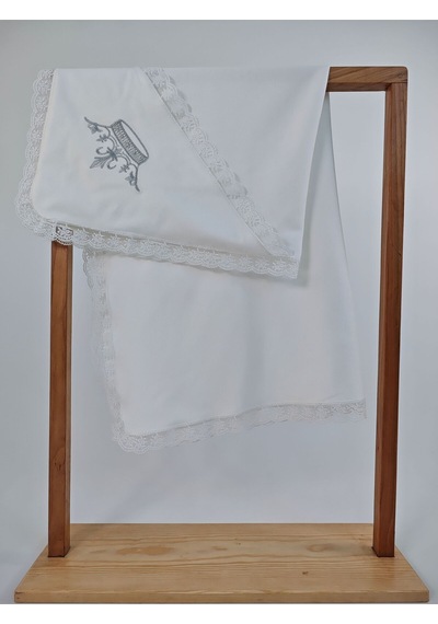 Ekru %100 Pamuklu Erkek Bebek Battaniyesi Nakışlı Dantelli Puset Örtüsü Hediyelik Yenidoğan 85x85cm Ekru