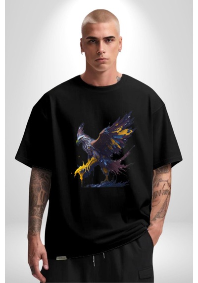 Kara Kartal Sulu Boya Pamuklu Bisiklet Yaka Unisex Oversize Boyfriend Dijital Baskılı Siyah T-shirt Siyah