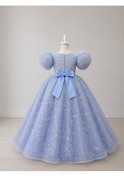 Star Kids Fashion Kız Çocuk Mavi Prenses Elbisesi Çiçek İşlemeli Tüllü Kabarık Kollu Doğum Günü Abiye Elbise