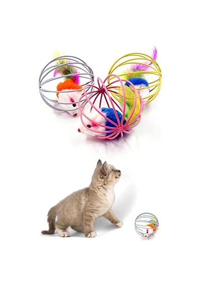 Buffer Peluş Fareli Kedi Köpek Oyuncağı - Oyun Topu, Metal Kafesli, Renkli, 6 Cm