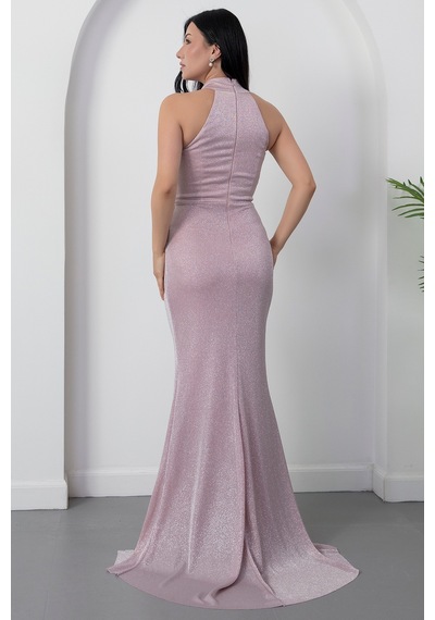 Kalopya Halter Yaka Yırtmaçlı Simli Elbise Drp0013 Pembe