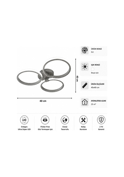 Yuno Led Plafonyer Avize Beyaz Işık Gri
