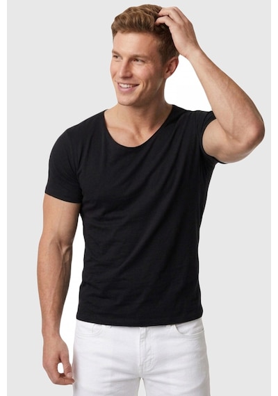 Deepsea Erkek Siyah Geniş Yaka Likralı Tişört Oval Yaka Slim Fit Eteği Oval Açık Yaka T-shirt 1801199 Siyah