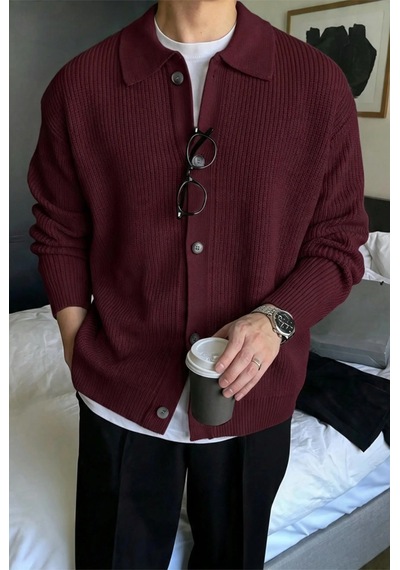 Serablanka Erkek Polo Yaka Oversize Triko Hırka Bordo