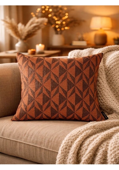 Kiremit Melanj Geometrik Desenli Keten Kırlent Kılıfı 43x43 Cm Premium Collection Kiremit - Siyah
