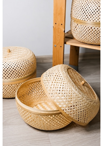 Bohem Dekoratif Kapaklı Bambu Kutu, Sepet, Iskandinav, Modern, Bohem, Rattan Bej