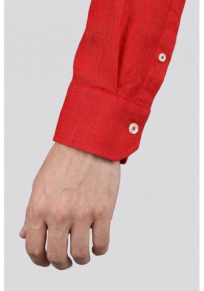 Bisse Kırmızı Regular Fit Keten Cepsiz Düğmeli Paşa Yaka Sedef Gömlek Gmktn250011 D24
