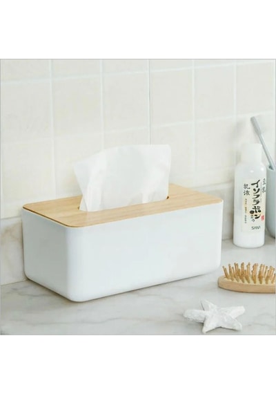 Ahşap Kapaklı Peçetelik Sunumluk 21 X 13 X 9 Cm Beyaz Renk 1 Adet Bambu
