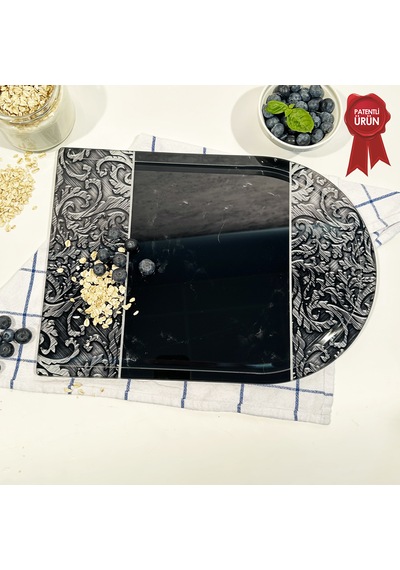 Kanallı Cam Kesme Tahtası - Black Ornament - Kenarı Oval- 25x35cm
