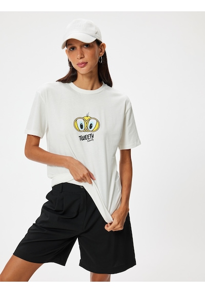 Koton Tweety Oversize Tişört Arkası Baskılı Bisiklet Yaka Lisanslı Ekru 4sal11194ık Ekru