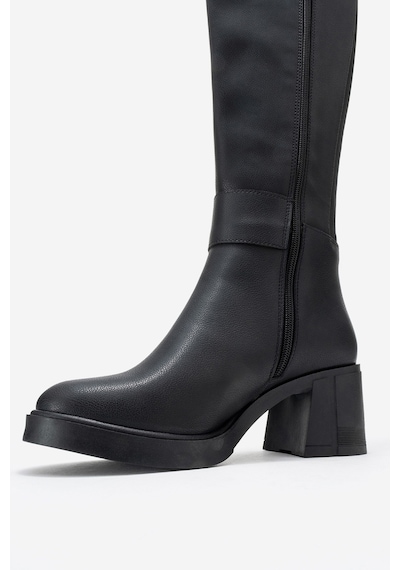 Luvi Shoes Moreni Siyah Cilt Streç Detaylı Tokalı Kadın Kalın Topuklu Çizme