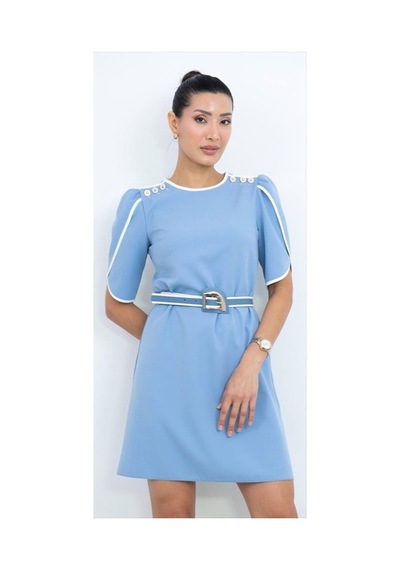 Dorne Moda Kemer Detaylı Mini Elbise Mavi Mavi