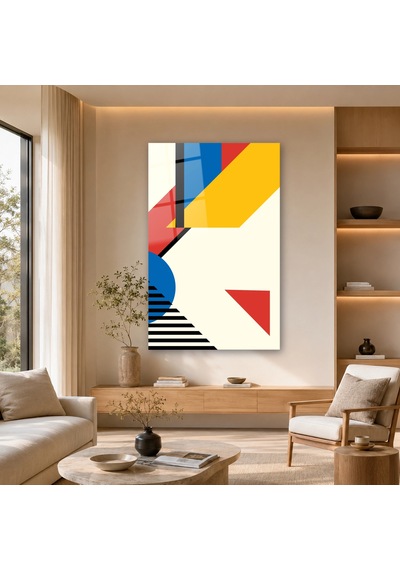 Mavi Daireli Bauhaus Kompozisyonu Çerçevesiz Cam Tablo