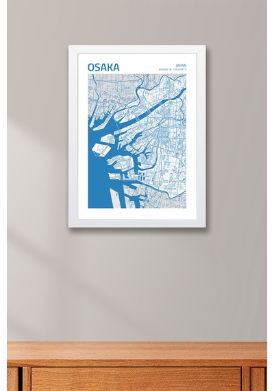 Osaka Japonya Japan Haritası Çerçeveli Tablo Lüks Salon Ofis Duvar Dekorasyonu Hediyelik Tablo Beyaz