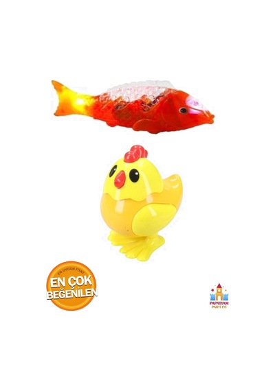 Müzikli Işıklı Yürüyen Balık 23 Cm Kırmızı & Kurmalı Zıplayan Civciv 8 Cm Sarı - Çocukların Favori O
