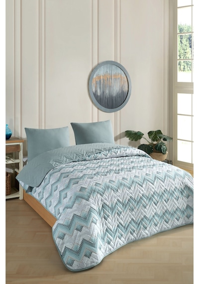 Çift Kişilik Desenli Kapitone Çift Taraflı Renkli Pike Yatak Örtüsü Takımı 200x230 Cm Çarşafsız Yeşil