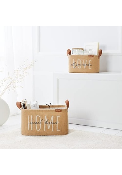 Ocean Home Textile Home Sweet Home Baskılı Dikdörtgen Jüt Sepet //30x21x18 Açık Bej