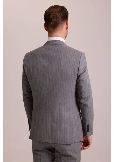 Erkek Açık Gri Slim Fit Sivri Yaka Yelekli Yün Takım Elbise