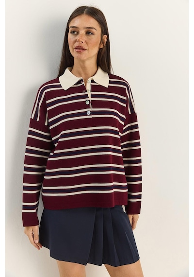 Shade Polo Yaka Çizgili Basic Triko Kazak 20258061 - Bordo