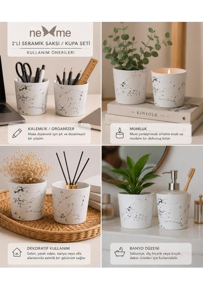 Tr 2'li Seramik Saksı/dekoratif Kupa Seti Beyaz Siyah Desenli Modern Dekoratif El Yapımı Tasarım - 10 Cm Diğer