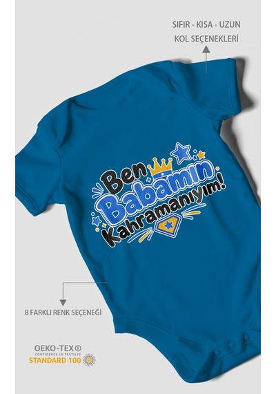 Morivokids Ben Babamın Kahramanıyım Kısa Kollu Bebek Body %100 Pamuk Koyu Mavi