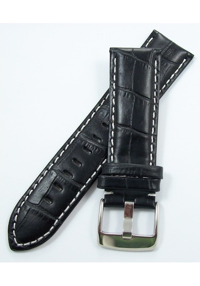 Bizon Siyah Deri Saat Kordonu 24Mm Beyaz Dikişli Spor Kayışı Krok