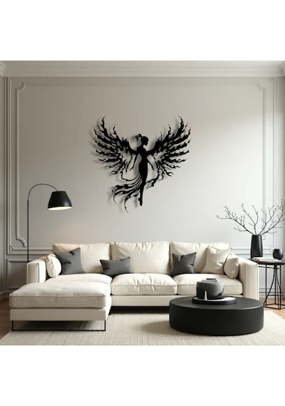 Alev Kanatlı Melek Metal Duvar Dekoru Gücün Ve Zarafetin Sanatsal Yorumu - Renk Variant Property : 000-siyah, Ebatlar Variant Property : 80 X 80