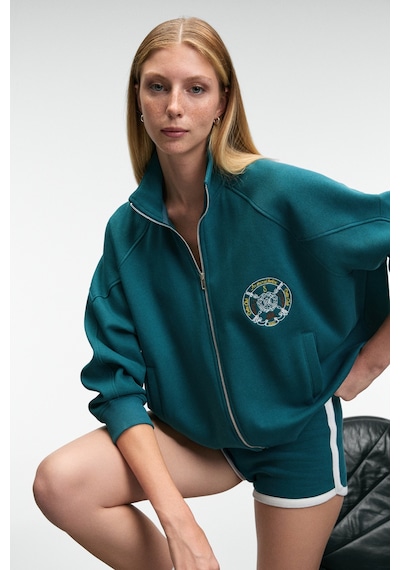 Grimelange Tormenta Kadın Nakışlı Fermuarlı Dik Yaka Çift Cepli Reglan Kol Koyu Turkuaz Sweatshirt Koyu Turkuaz