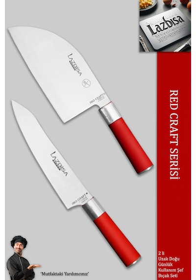 Lazbisa MFT-005 Red Craft Serisi Mutfak Şef Bıçak Seti Et Ekmek Sebze Bıçağı Günlük Kullanım Kırmızı