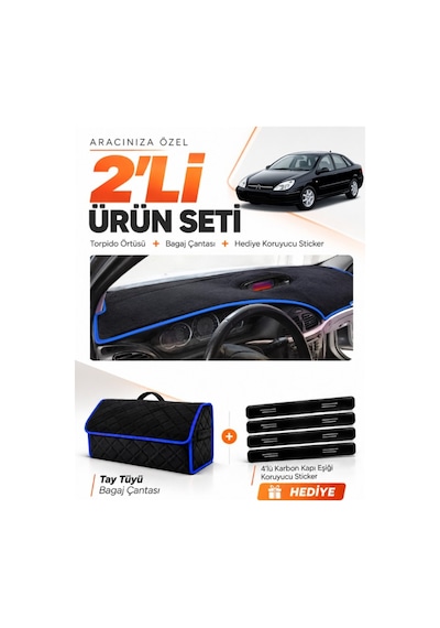 Citroen C5 2001-2004 Uyumlu Torpido Örtüsü + Tay Tüyü Bagaj Çantası + Sticker Seti - Siyah Mavi