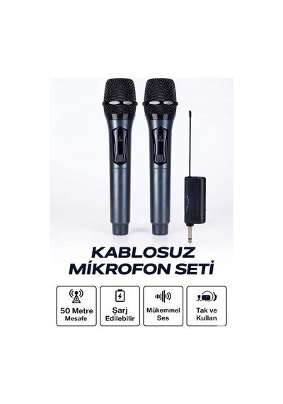 Profesyonel Çiftli Kablosuz Mikrofon Seti Karaoke Şarj Edilebilir 50 Metre İtem0015kmıkyenı