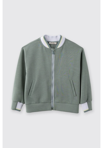 Panço Kız Çocuk Kolej Yaka Yakası Çizgili Fermuarlı Yeşil Sweatshirt