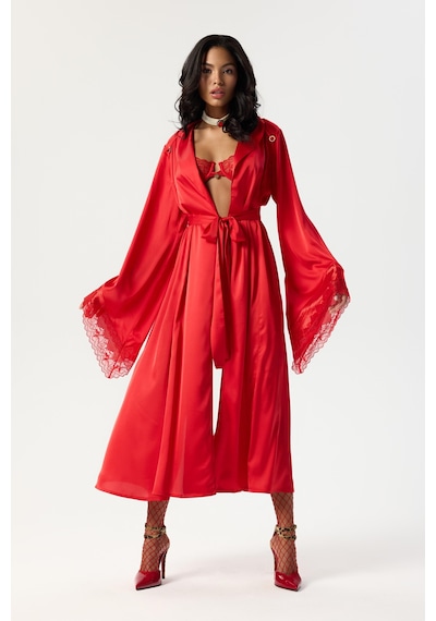 Eclatant Kırmızı Dantelli Uzun Saten Sabahlık / Kimono Kırmızı