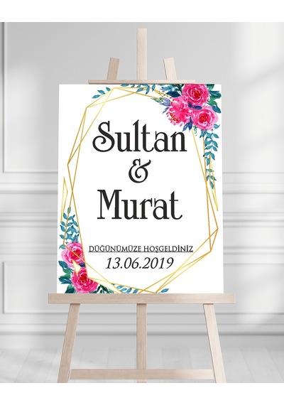 Söz Nişan Düğün İçin 50x70 Karşılama Panosu - Renkli Çiçek Ve Yaprak Tasarımlı Beyaz